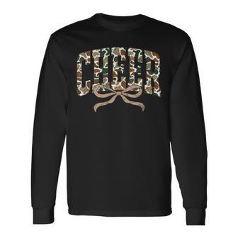 Retro Camo Cheer Coquette Bow Camouflage Sport Cheerleader Long Sleeve T-Shirt - Thegiftio UK