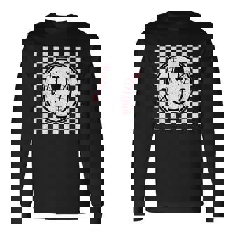 Retro Happy Face Game Day Baseball Pattern Smile Face Trendy Long Sleeve T-Shirt - Monsterry