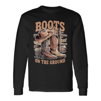 Retro Western Cowgirl Cowboy Hat Boots On Da Ground Long Sleeve T-Shirt - Thegiftio UK