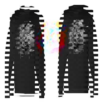 Rhinoceros アートワーク ポートレート 動物 アート カラフル スプラッシュ サイ 長袖Tシャツ - Kawaiitshirt