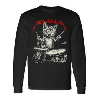 Rock On Vintage Drummer Cat 80S Band Style Long Sleeve T-Shirt - Thegiftio UK