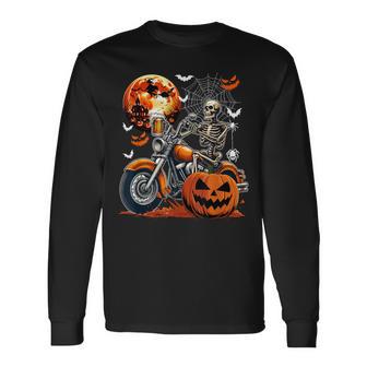 Skeleton Drinking Beer On Motorcycle Halloween Pumpkins Long Sleeve T-Shirt - Thegiftio UK