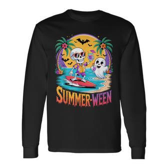 Skeleton Ghost Spooky Beach Holiday Summer Party Summerween Long Sleeve T-Shirt - Thegiftio UK