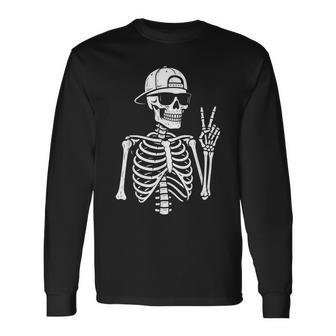 Skeleton Hand Peace Sign Retro Halloween Skeleton Hand Sign Long Sleeve T-Shirt - Thegiftio UK