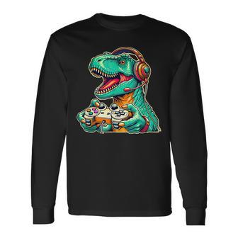 T-Rex Gaming With Headset Dinosaur Gamer Graphic Long Sleeve T-Shirt - Thegiftio UK