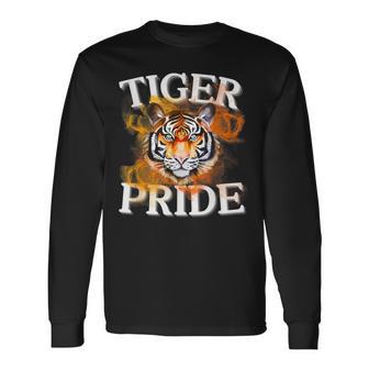Tiger Pride Flame Tiger Mascot Retro School Sport Cheer Team Long Sleeve T-Shirt - Thegiftio UK