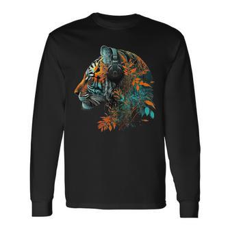 Tigre Arte Música Flores Colorido Amantes Animales Tigre Camiseta de manga larga - Regaloses