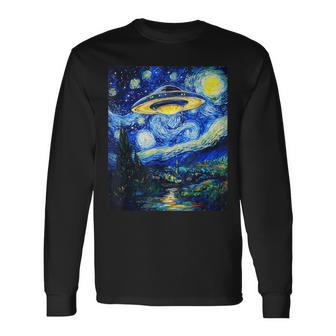 Ufo Aliens Flying Saucer Van Gogh Style Starry Night Long Sleeve T-Shirt - Thegiftio UK