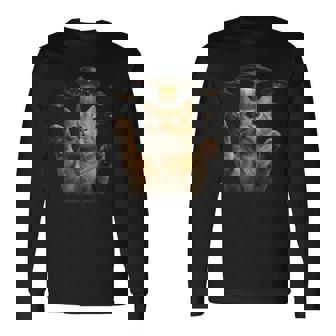 Ufo 誘拐 猫 面白い エイリアン ビーム リアル スタイル 長袖Tシャツ - Kawaiitshirt