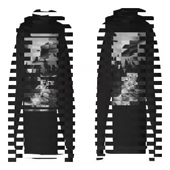 Ufo付き面白い猫セルフィー 長袖Tシャツ - Kawaiitshirt