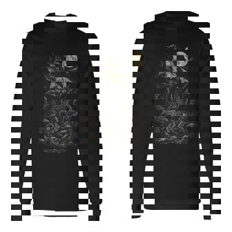 Vintage Pirate Ship Attacked By Sea Monster Kraken Long Sleeve T-Shirt | Seseable FR