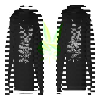 Weed Leaf Marijuana Leaf Hand Peace Sign Hand 420 Cannabis Long Sleeve T-Shirt - Monsterry