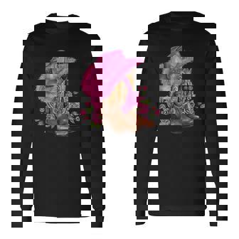 Western Country Pink Cowboy Boots Cowgirl Hat And Roses Long Sleeve T-Shirt - Thegiftio