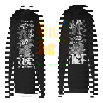 Wild And Three 3 Year Old 3Rd Birthday Safari Jungle Animal Long Sleeve T-Shirt - Thegiftio