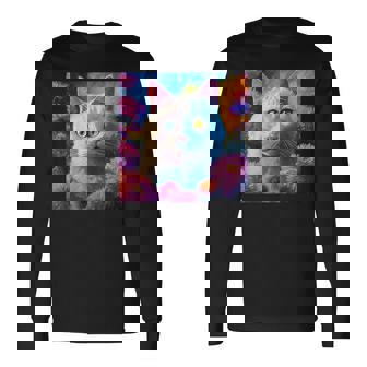 「お花畑のルディ猫」 油絵風ファンタジーアート 綺麗 かわいい オッドアイ リアル 長袖Tシャツ - Kawaiitshirt