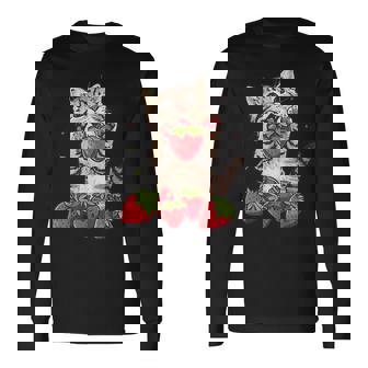 いちご 猫 いちご フルーツ ネコ アニマル プリント 図面 長袖Tシャツ - Kawaiitshirt