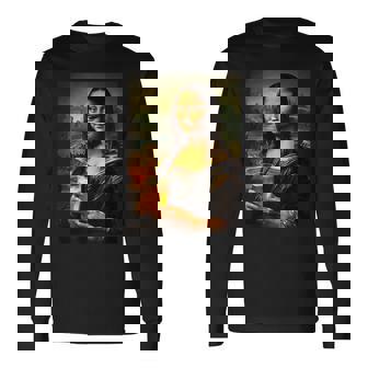 おもしろビールモナリザ絵画アートママパパ。 長袖Tシャツ - Kawaiitshirt