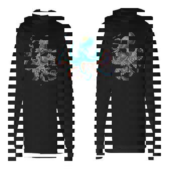 かわいい タコ カラフル ヴィンテージ ブルー イカ クラーケン スキューバ ダイビング 長袖Tシャツ - Kawaiitshirt