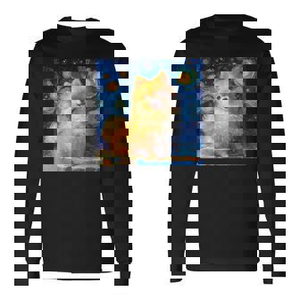 かわいいポメラニアン犬 星月夜 ヴィンセント・ヴァン・ゴッホ絵画 長袖Tシャツ - Kawaiitshirt