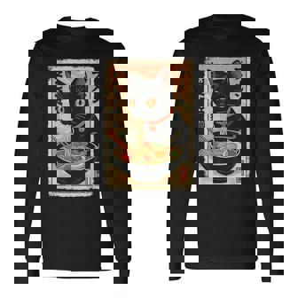 かわいい猫とラーメン麺 日本のアニメ漫画 長袖Tシャツ - Kawaiitshirt