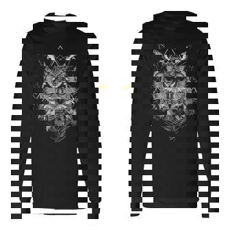 ふくろう ドローイング アート 動物 イラスト モチーフ フクロウ 長袖Tシャツ - Kawaiitshirt