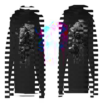 アメリカンバイソンカラーポップアート 美しいアメリカンバイソン愛好家 長袖Tシャツ - Kawaiitshirt