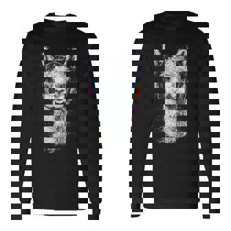 アルパカ アニマル モチーフ 音楽 ヘッドホン イラスト アルパカ 長袖Tシャツ - Kawaiitshirt