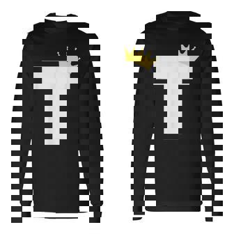 アルファベット T 大文字モノグラム イニシャル キング クイーン クラウン 長袖Tシャツ - Kawaiitshirt