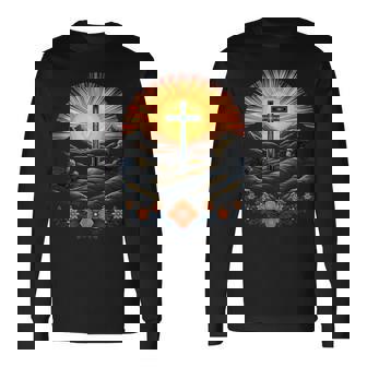 イースターデー クロスフラワー サンセット クリスチャン イースター 長袖Tシャツ - Kawaiitshirt