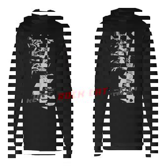 エレキギターを弾くロックキャット 面白い猫ニャーパロディショー 長袖Tシャツ - Kawaiitshirt