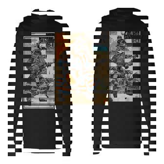 エレキギターを弾く日本の侍猫 浮世墨アート 長袖Tシャツ - Kawaiitshirt