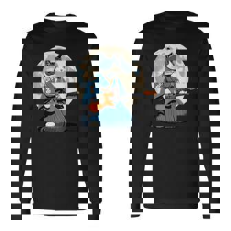 エレキギターを弾く日本猫 着物&猫ギター 長袖Tシャツ - Kawaiitshirt