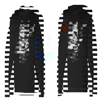 エレキギターを弾く面白いシベリアンハスキー犬ミュージシャン 長袖Tシャツ - Kawaiitshirt