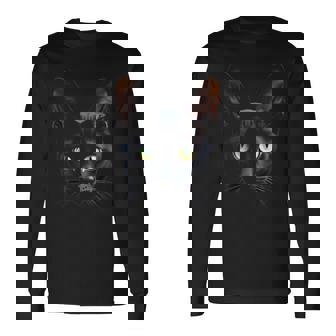 オリエンタル ショートヘア 猫 リアルなフェイスアート ブラック 長袖Tシャツ - Kawaiitshirt