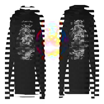 カバ カラフル アート 動物 かわいい グラフィック モチーフ カバ 長袖Tシャツ - Kawaiitshirt