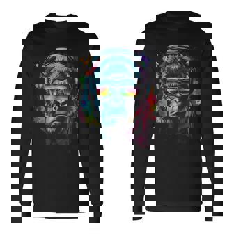 カラフルなゴリラとヘッドフォン レインボー バイブス エイプ モチーフ 長袖Tシャツ - Kawaiitshirt