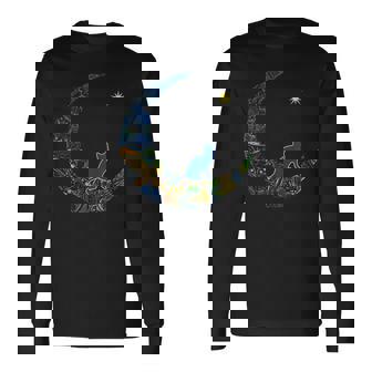 カラフルな曼荼羅三日月と猫と星 長袖Tシャツ - Kawaiitshirt