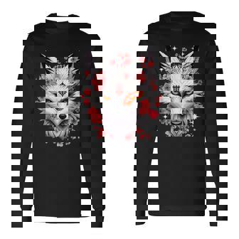 キツネ キツネ キツネ マスク アニメ カワイイ 桜 花 長袖Tシャツ - Kawaiitshirt