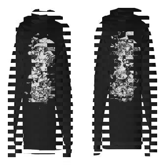 キノコや花があしらわれた骸骨の幻覚的なイラスト 長袖Tシャツ - Kawaiitshirt