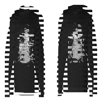 キュートで面白い猫のドラマー ドラムを弾くパンク ロックスター グラフィック 長袖Tシャツ - Kawaiitshirt