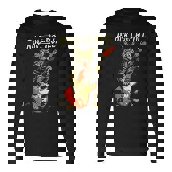 ギターを弾くロックな猫 音楽好き猫好き向けデザイン 長袖Tシャツ - Kawaiitshirt