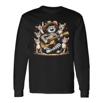 ギターを弾く猫 面白いロックミュージックギター猫 長袖Tシャツ - Kawaiitshirt