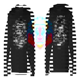 クール マンドリル 猿の精霊 動物 イラスト 絞り染め アート 長袖Tシャツ - Kawaiitshirt