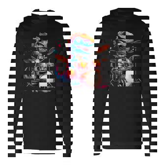 クールなt-Rex恐竜ドラマー音楽バンドデザイン。 長袖Tシャツ - Kawaiitshirt