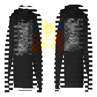 ゴッホ 猫 絵画 面白い 芸術的 猫 コーヒー愛好家 長袖Tシャツ - Kawaiitshirt