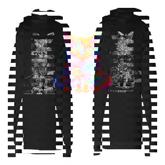 サイケデリック マンガ 猫 カラフル ファンタジー 曼荼羅スタイル 長袖Tシャツ - Kawaiitshirt