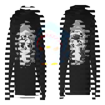 サメのコスチュームを着た面白いペンギン 長袖Tシャツ - Kawaiitshirt