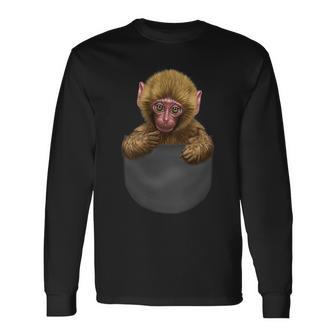 サル 猿 ニホンザル ポケット 長袖Tシャツ - Kawaiitshirt