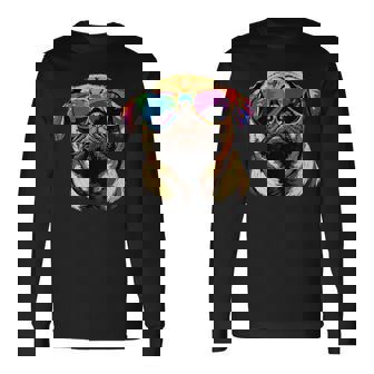 サングラスとパグベージュ犬愛カーリンかわいいパグ 長袖Tシャツ - Kawaiitshirt