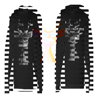 サングラスの角を持つ雄鹿狩猟鹿トナカイ赤鹿 長袖Tシャツ - Kawaiitshirt
